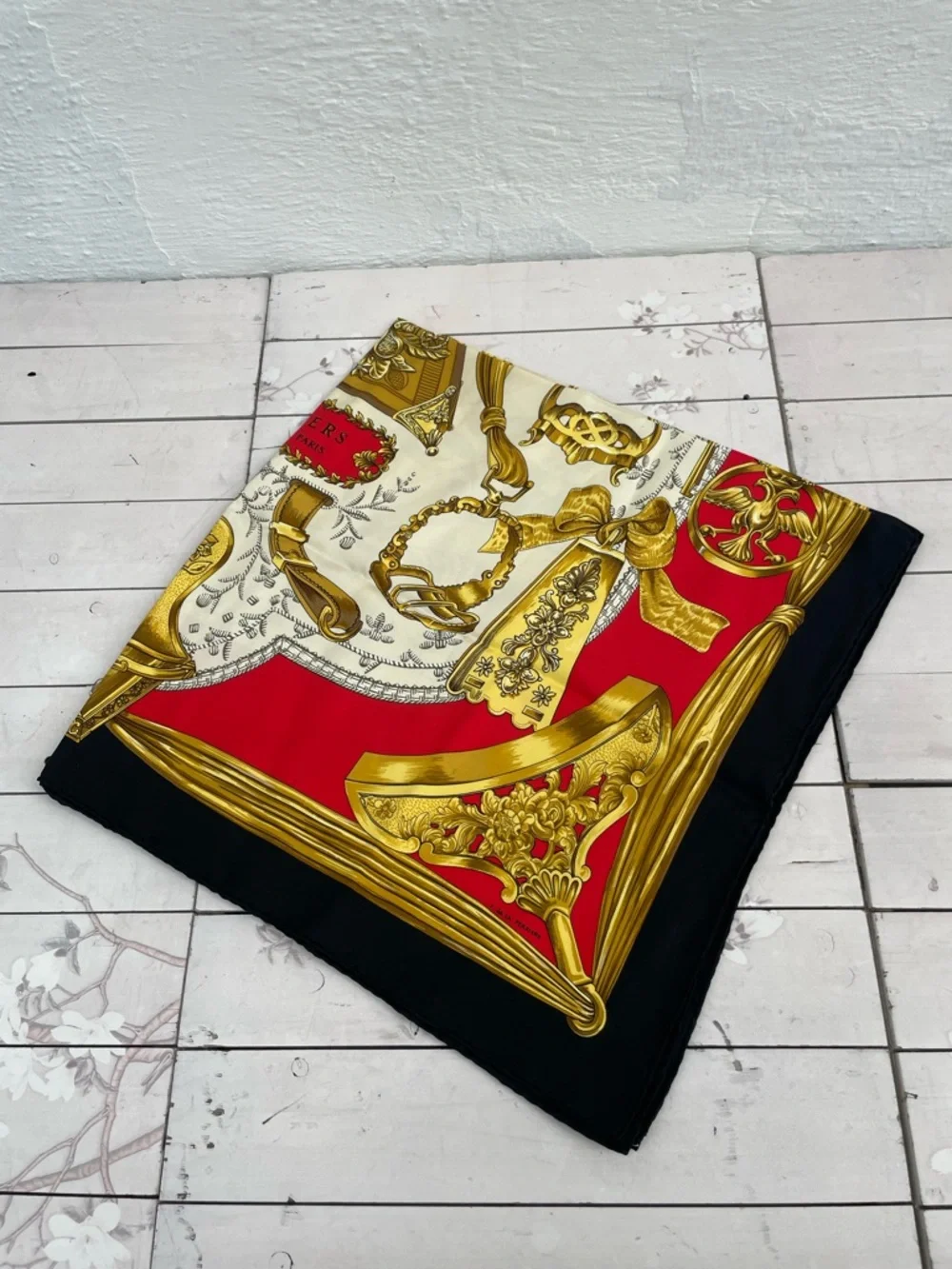 Hermes Red Black Cream Silk Scarf with Gold Equestrian Motifs - Picture 12 of 13